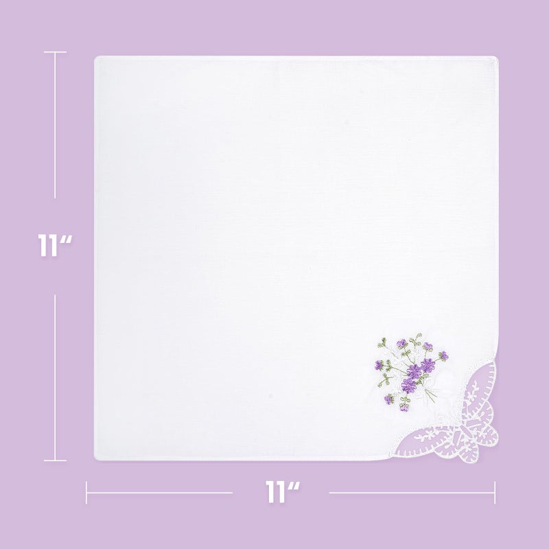 Selected Hanky Women's Cotton Handkerchiefs Flower Embroidered with Lace, Ladies Hankies 6 Pcs - Purple Floral - Image 5